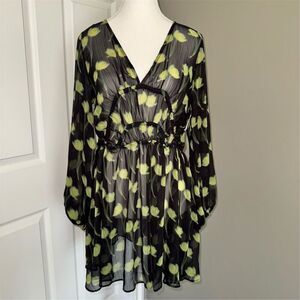 Topshop XS (0-2) Sheer Floral Ruched Long Sleeve Mini Dress Green/Black *No Slip